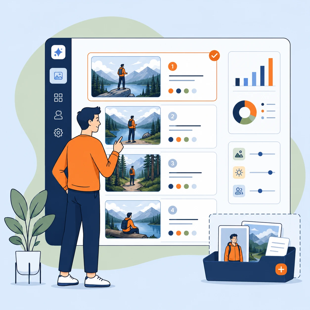 Ilustración con diferentes direcciones visuales para agregar una persona a una foto