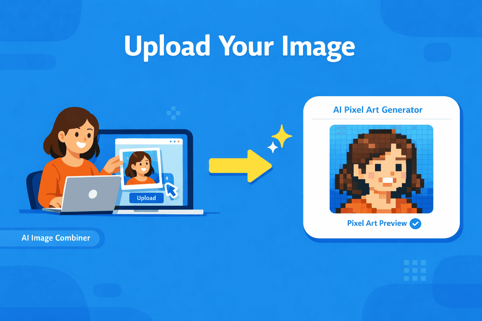 Blue SaaS illustration showing image upload for AI Pixel Art Generator