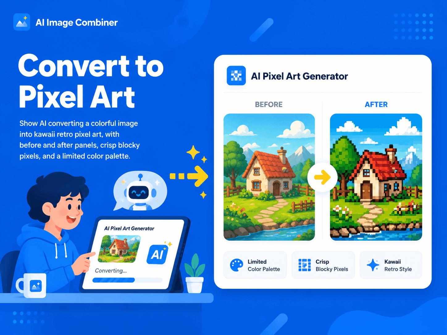 Blue SaaS illustration showing AI converting an image into pixel art
