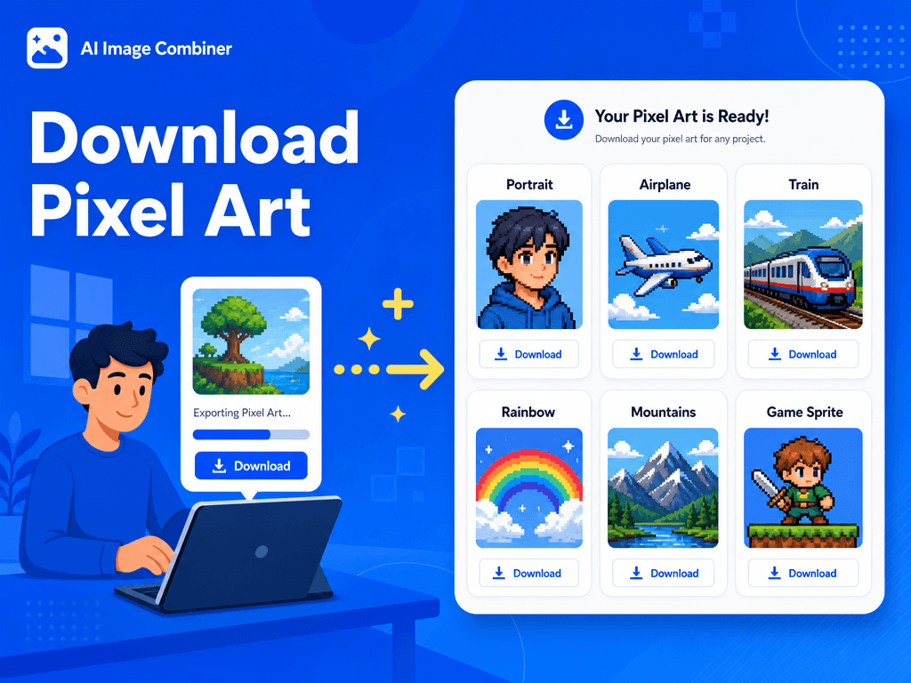Blue SaaS illustration showing downloadable pixel art outputs