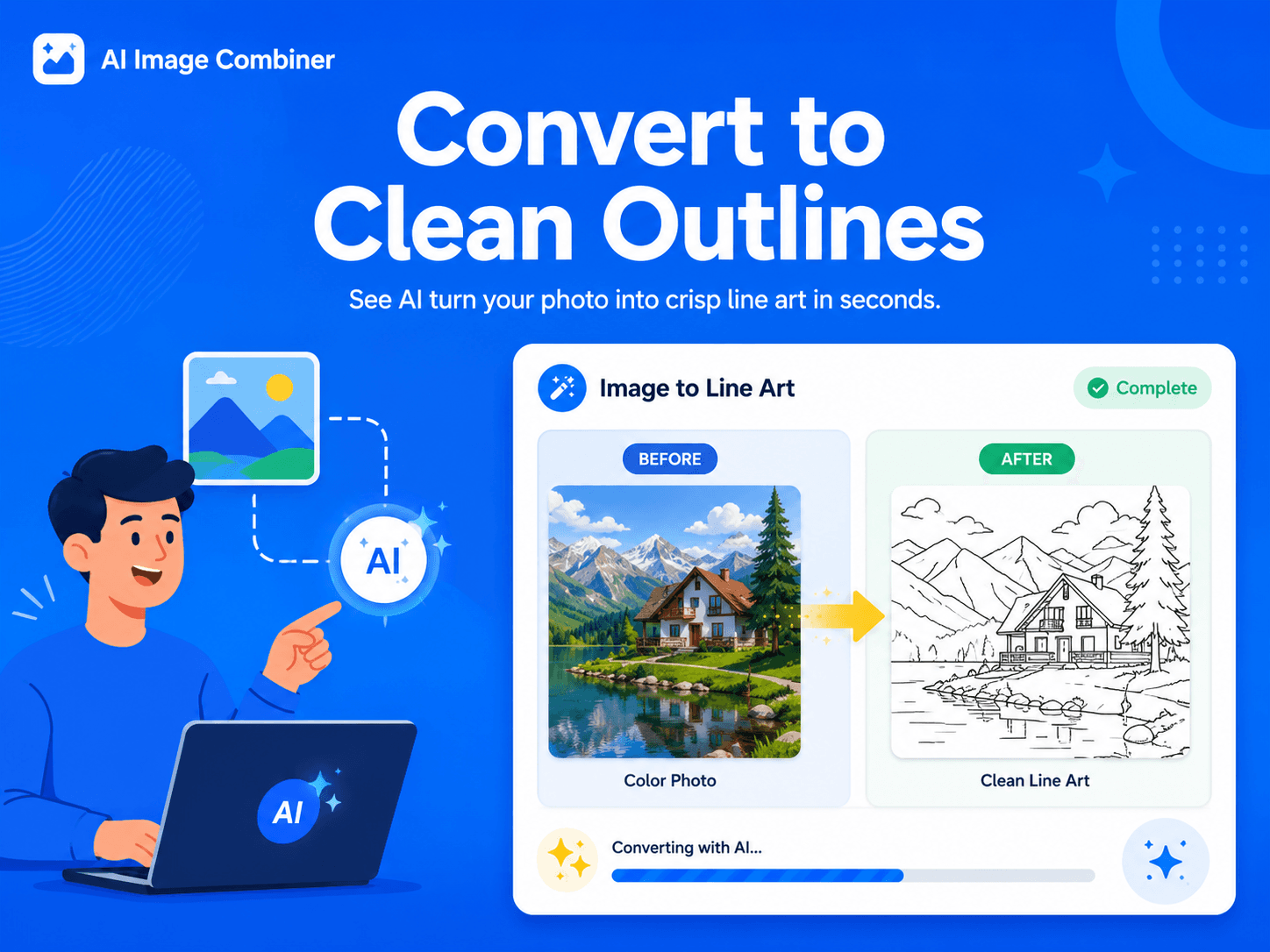 Blue SaaS illustration showing photo converted into clean line art