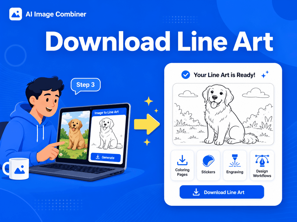 Blue SaaS illustration showing downloaded line art output