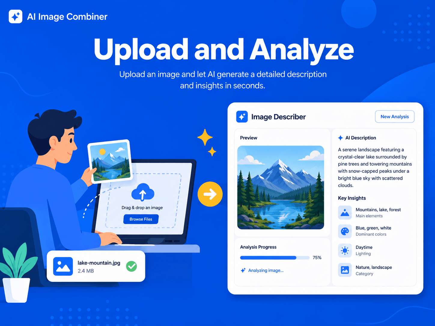 Blue SaaS illustration showing Image Describer upload and analysis workflow