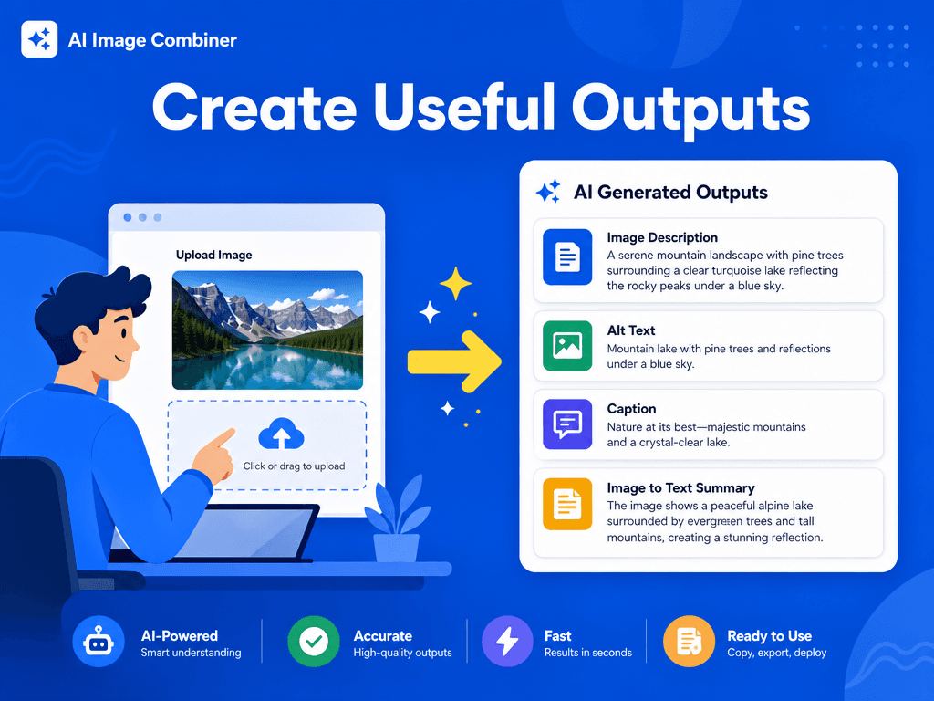 Blue SaaS illustration showing Image Describer output cards for descriptions and captions