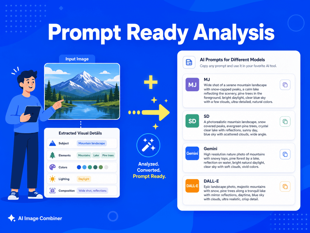 Blue SaaS illustration showing prompt-ready analysis for Image Describer