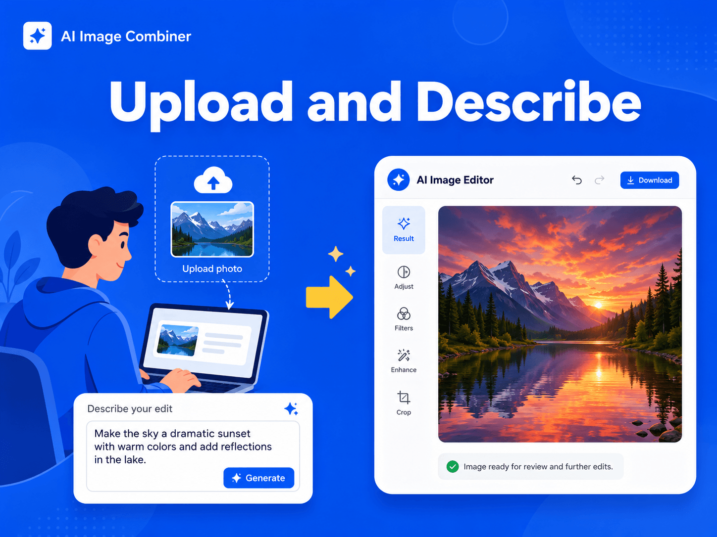 Blue SaaS illustration showing AI Image Editor upload and prompt workflow