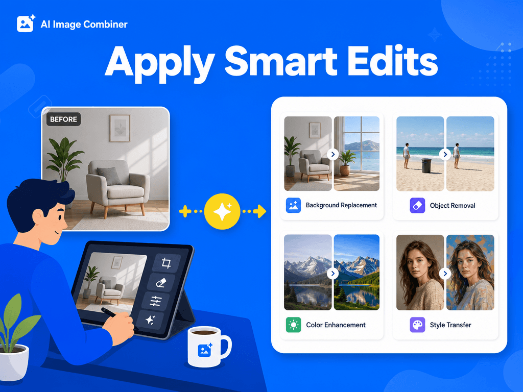 Blue SaaS illustration showing AI Image Editor before and after edits