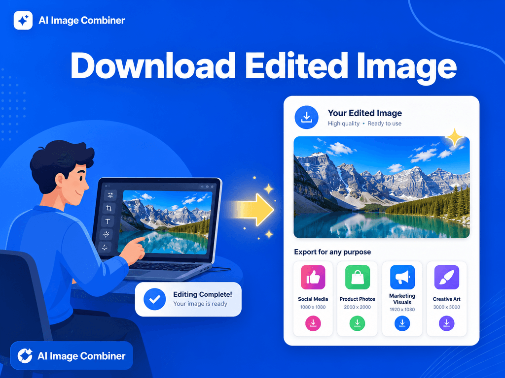 Blue SaaS illustration showing AI Image Editor export options