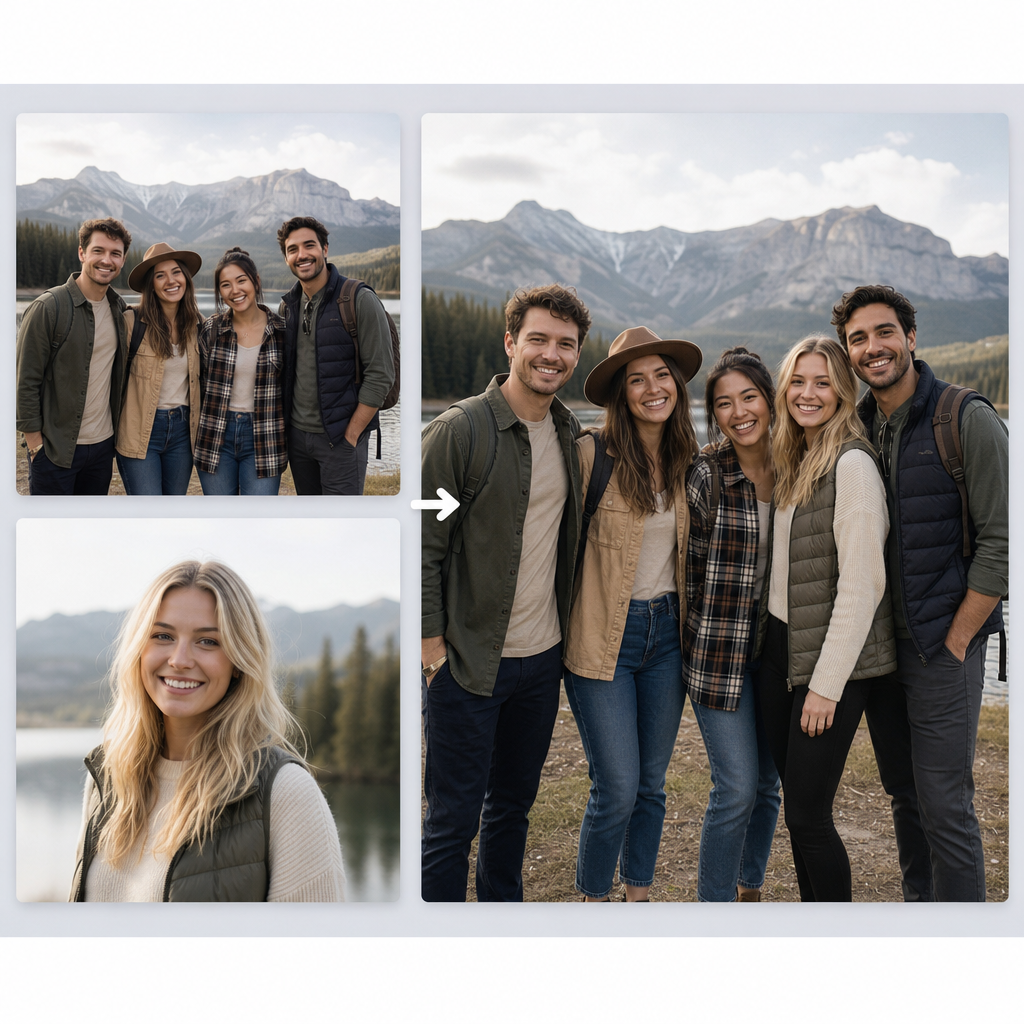 Separate portraits being combined into one natural AI group photo