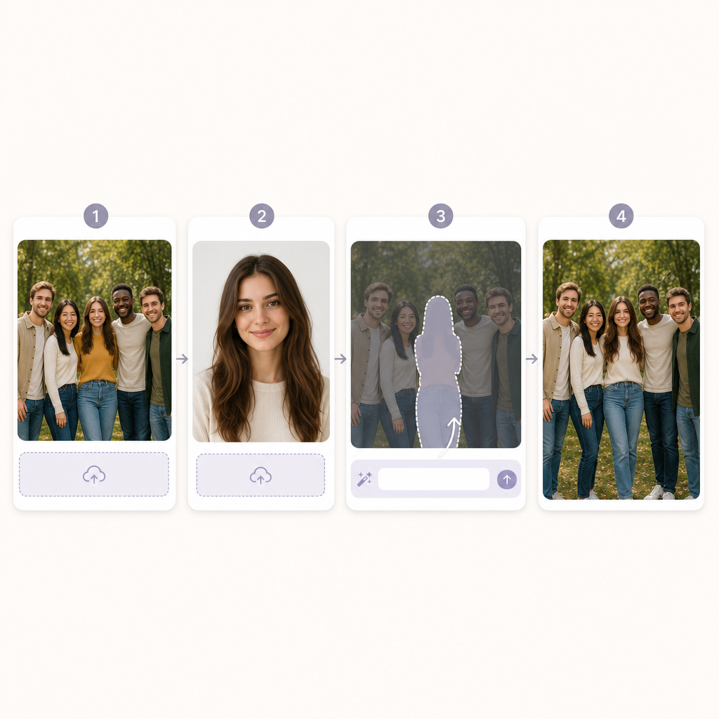 A four-step AI workflow for adding a person to a group photo online